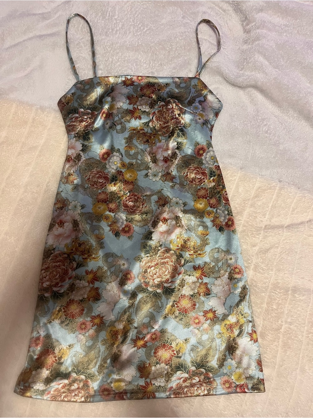 Urban Outfitters Floral Satin Slip Dress in Sky Blue and Gold